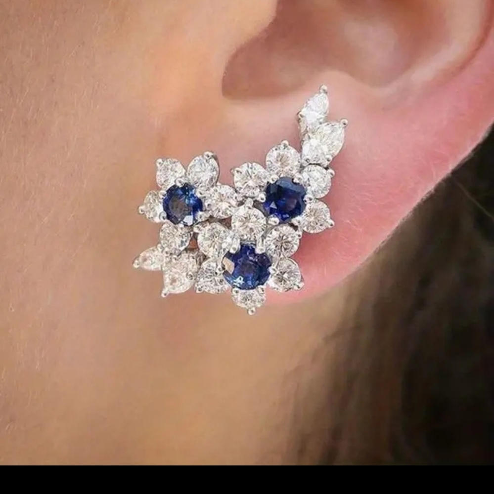 925 Silver Plated Blue Sapphire Flower Earrings